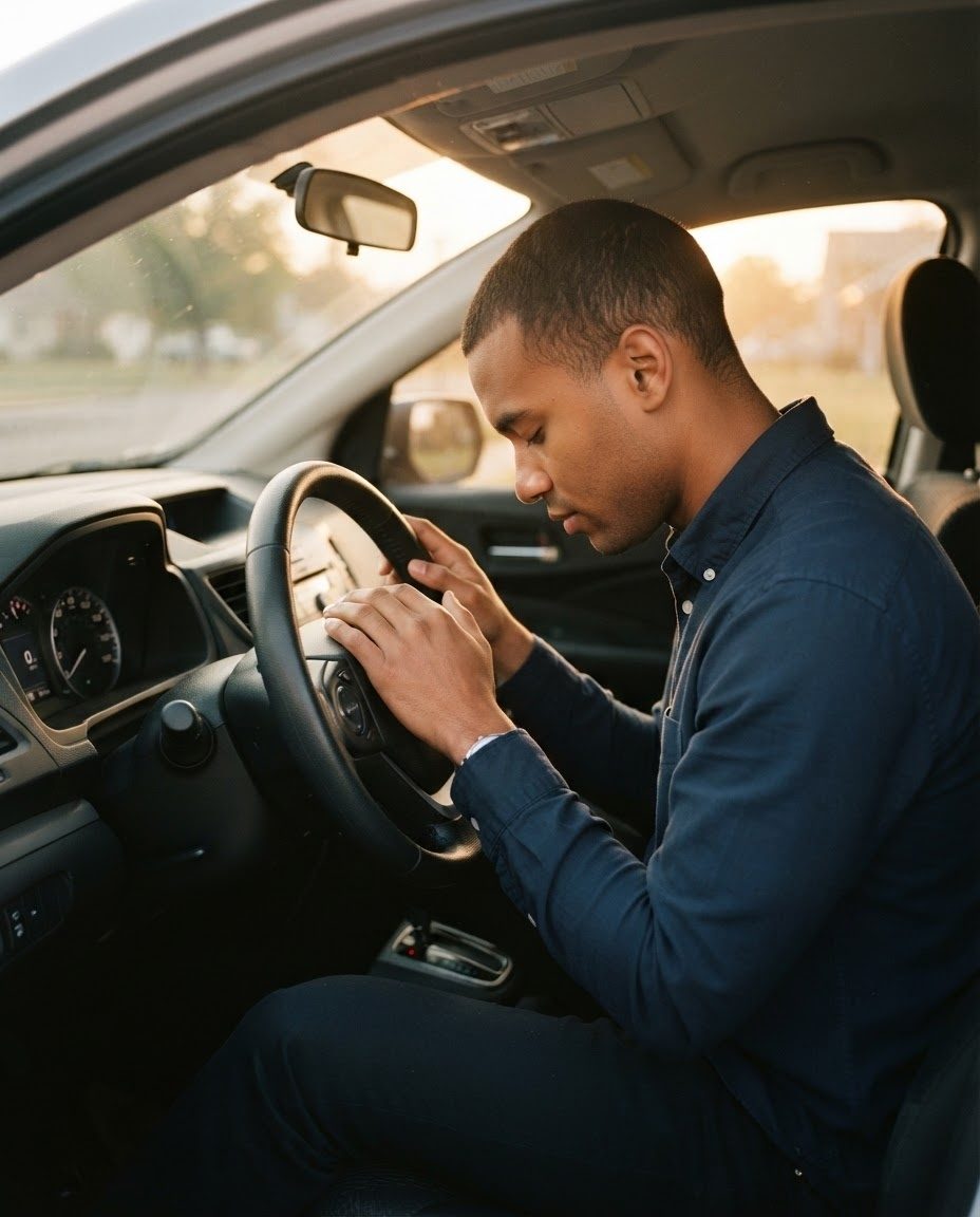 A man praying in his car at dawn