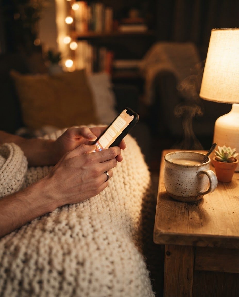 Hands holding a phone in warm lamplight at night