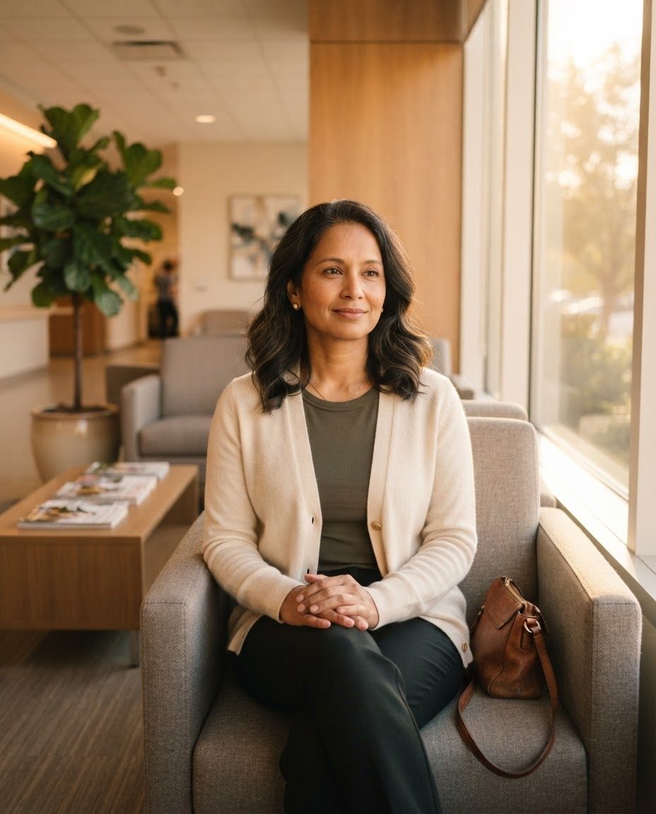 A woman waiting quietly in a hospital waiting room