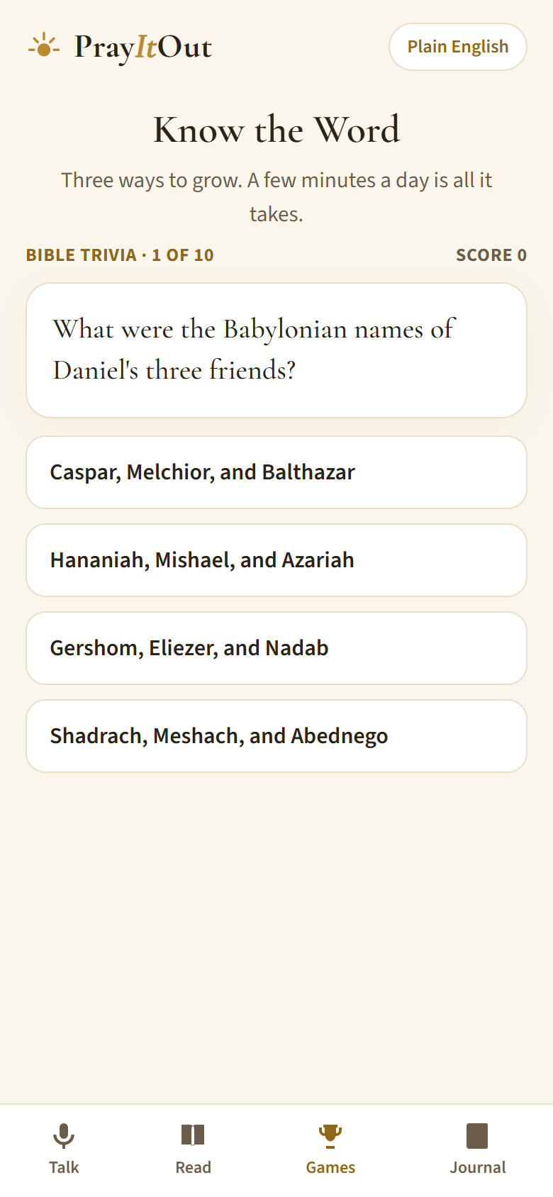 A Bible trivia question with four answers to choose from